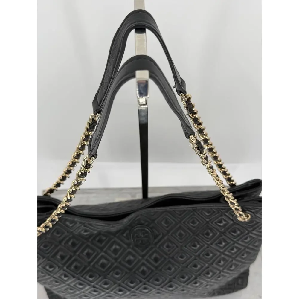 Tory Burch Fleming Black Leather Quilted Chain Tote Shoulder Bag Large Designer